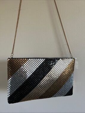 Vintage Metallic Stripe Chain Crossbody Clutch - Black, Bronze, Gold, Silver